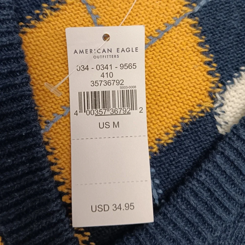 American Eagle Outfitters Argyle Sweater Vest Navy Blue Yellow White Women's M - Picture 3 of 9